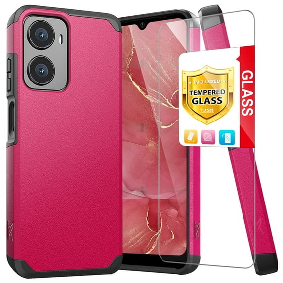 TJS for Cricket Magic 2 5G 2024 (U655AC) / AT&T Propel 2 5G (U655AA) Phone Case, with Tempered Glass Screen Protector, Magnetic Support Dual Layer Shockproof Drop Protection Impact Cover (Pink)