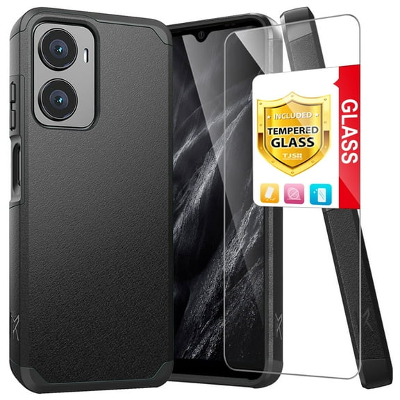 TJS for Cricket Magic 2 5G 2024 (U655AC) / AT&T Propel 2 5G (U655AA) Phone Case, with Tempered Glass Screen Protector, Magnetic Support Dual Layer Shockproof Drop Protection Impact Cover (Black)