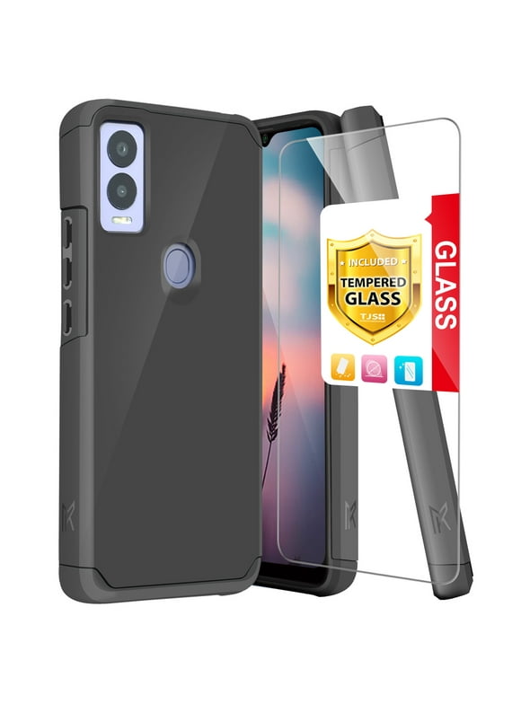 TJS for Cricket Magic 5G Phone Case, with Tempered Glass Screen Protector, Magnetic Support Dual Layer Shockproof Drop Protection Impact Cover (Black)