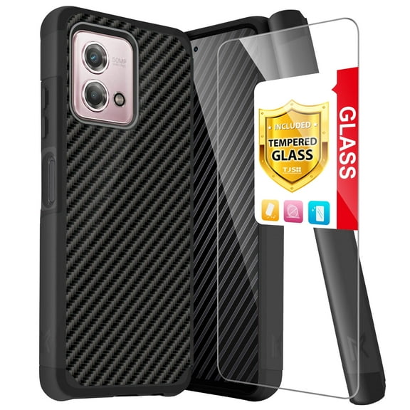 TJS for Cricket Motorola Moto G Stylus 4G 2023 Phone Case, with Tempered Glass Screen Protector, Magnetic Support Dual Layer Shockproof Drop Protection Impact Cover (Carbon Fiber)