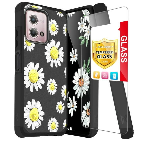 TJS for Cricket Motorola Moto G Stylus 4G 2023 Phone Case, with Tempered Glass Screen Protector, Magnetic Support Dual Layer Shockproof Drop Protection Impact Cover (Chamomile)