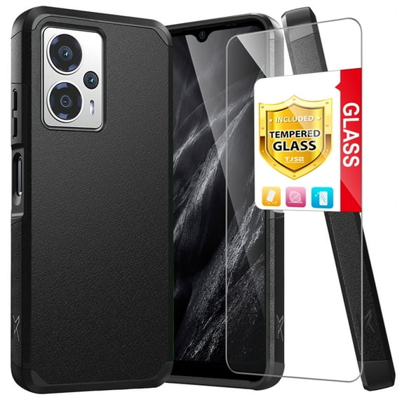 TJS for Cricket Outlast 5G 2024 / AT&T Motivate Pro 5G 2024 Phone Case, with Tempered Glass Screen Protector, Magnetic Support Dual Layer Shockproof Drop Protection Impact Cover (Black)