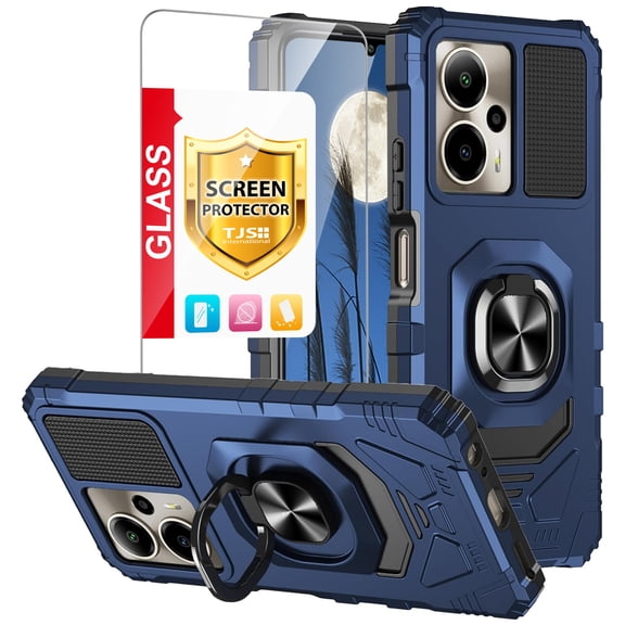 TJS for Cricket Outlast 5G 2024 / AT&T Motivate Pro 5G 2024 Phone Case, with Tempered Glass Screen Protector, [Military Grade] Magnetic Support Car Mount Metal Ring Holder Kickstand Cover (Blue)
