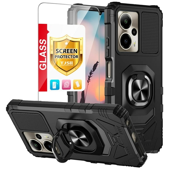 TJS for Cricket Outlast 5G 2024 / AT&T Motivate Pro 5G 2024 Phone Case, with Tempered Glass Screen Protector, [Military Grade] Magnetic Support Car Mount Metal Ring Holder Kickstand Cover (Black)