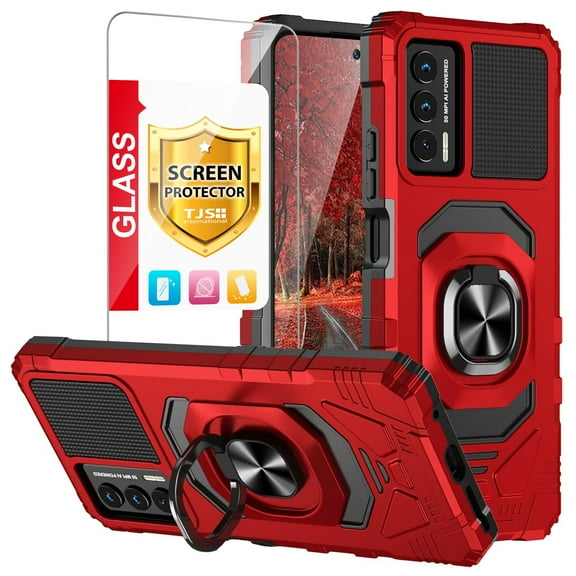 TJS for Cricket Outlast / AT&T Jetmore Phone Case, with Tempered Glass Screen Protector, [Military Grade] Robotic Magnetic Support Car Mount Metal Ring Holder Kickstand Cover (Red)
