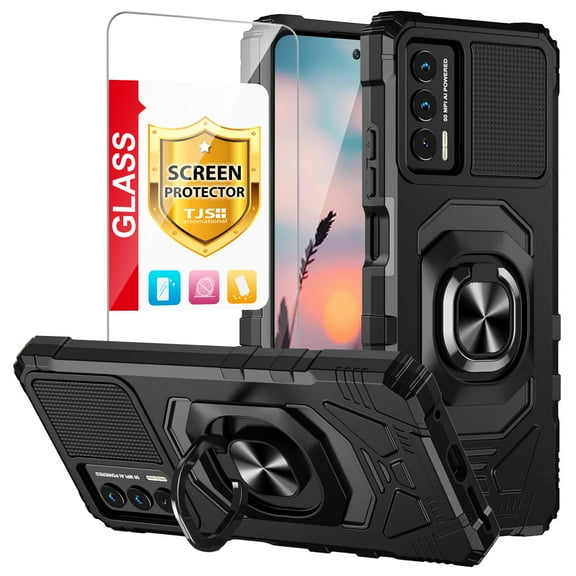 TJS for Cricket Outlast / AT&T Jetmore Phone Case, with Tempered Glass Screen Protector, [Military Grade] Robotic Magnetic Support Car Mount Metal Ring Holder Kickstand Cover (Black)