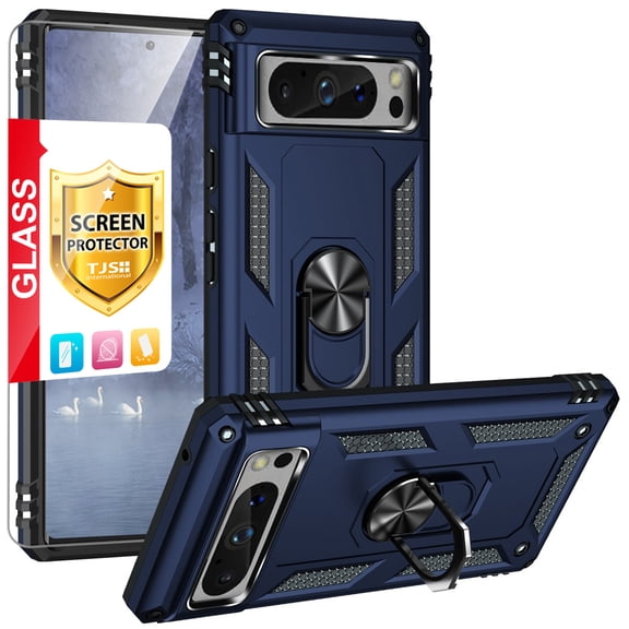 TJS for Google Pixel 8 Pro Phone Case, with Tempered Glass Screen Protector, Impact Resistant Metal Ring Magnetic Support Kickstand Drop Protector Cover (Blue)