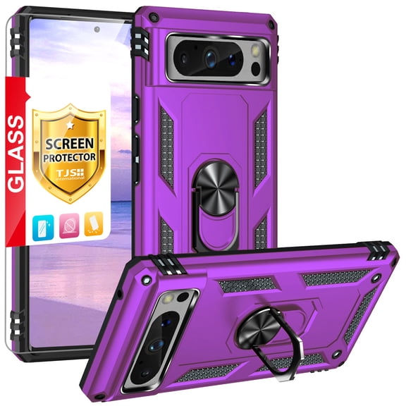 TJS for Google Pixel 8 Pro Phone Case, with Tempered Glass Screen Protector, Impact Resistant Metal Ring Magnetic Support Kickstand Drop Protector Cover (Purple)