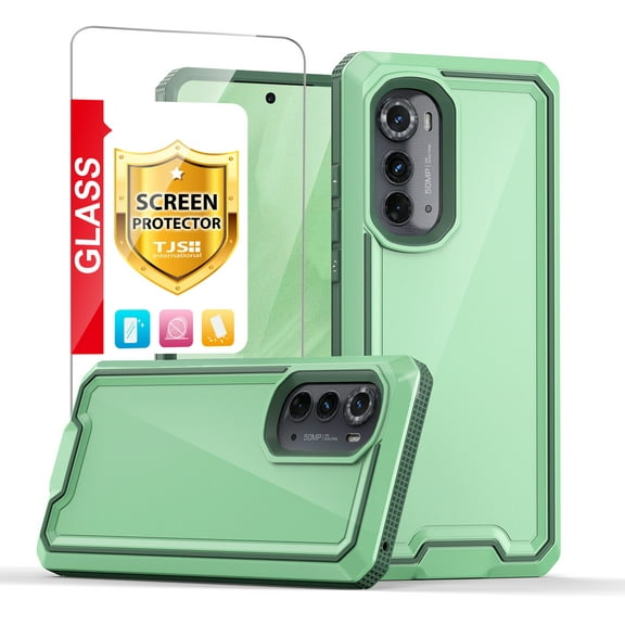 TJS for Motorola Edge 2022 Phone Case, Moto Edge 5G 2022 Case, with Tempered Glass Screen Protector, Dual Layer Shockproof Rugged Hybrid Drop Protector Cover (Grenn)