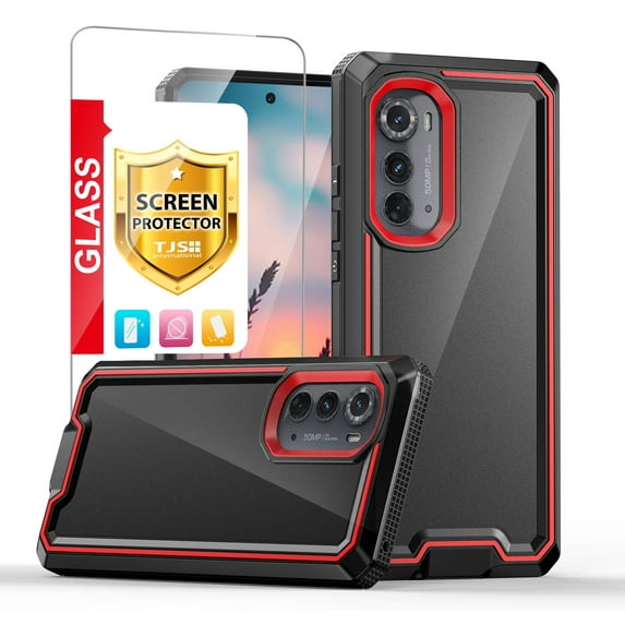 TJS for Motorola Edge 2022 Phone Case, Moto Edge 5G 2022 Case, with Tempered Glass Screen Protector, Dual Layer Shockproof Rugged Hybrid Drop Protector Cover (Black)