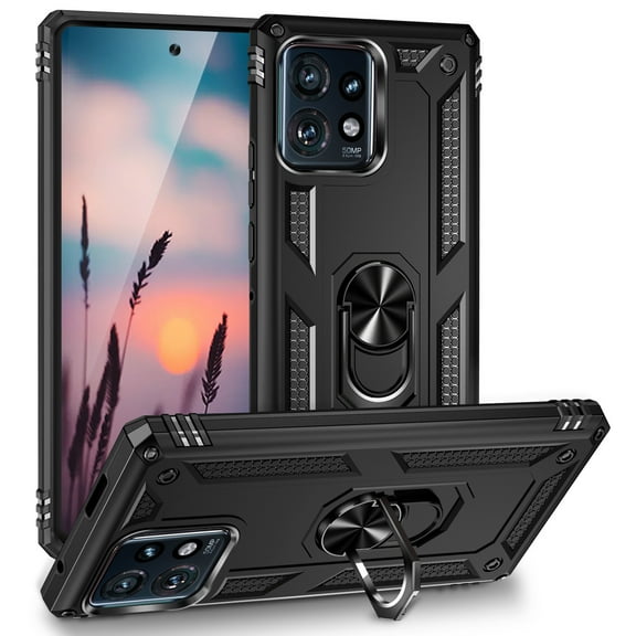 TJS for Motorola Moto Edge Plus 2023 Phone Case, Impact Resistant Metal Ring Magnetic Support Kickstand Drop Protector Cover for Moto Edge Plus 2023 (Black)