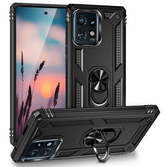 TJS for Motorola Moto Edge Plus 2023 Phone Case, Impact Resistant Metal Ring Magnetic Support Kickstand Drop Protector Cover for Moto Edge Plus 2023 (Black)