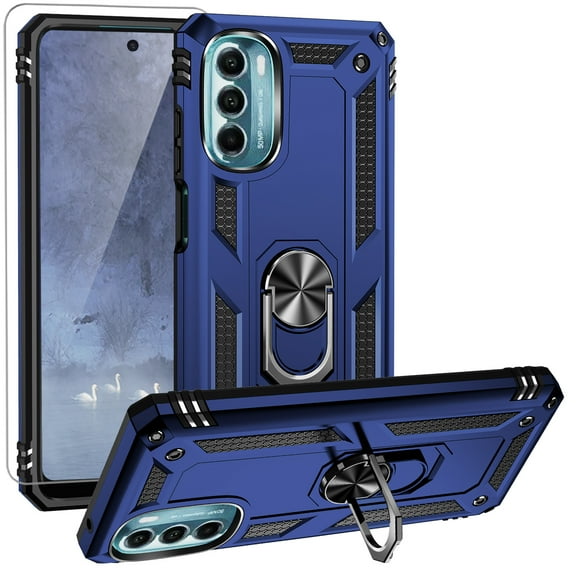 TJS for Motorola Moto G 5G 2022 Phone Case, with Tempered Glass Screen Protector, Impact Resistant Metal Ring Magnetic Support Kickstand Drop Protector Cover for Moto G 5G 2022 (Blue)