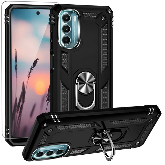TJS for Motorola Moto G 5G 2022 Phone Case, with Tempered Glass Screen Protector, Impact Resistant Metal Ring Magnetic Support Kickstand Drop Protector Cover for Moto G 5G 2022 (Black)