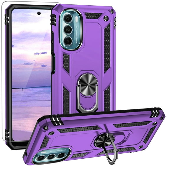 TJS for Motorola Moto G 5G 2022 Phone Case, with Tempered Glass Screen Protector, Impact Resistant Metal Ring Magnetic Support Kickstand Drop Protector Cover for Moto G 5G 2022 (Purple)
