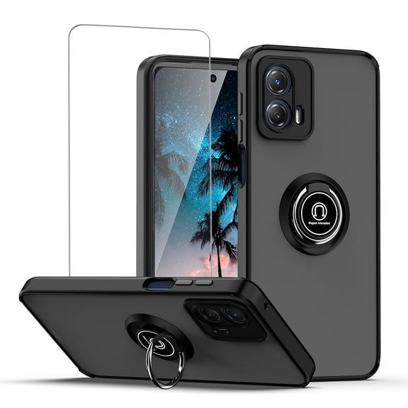 TJS for Motorola Moto G 5G 2023 Phone Case, with Tempered Glass Screen Protector, 360 Degrees Rotating Metal Ring Magnetic Support Kickstand Cover for Moto G 5G 2023 (Black)