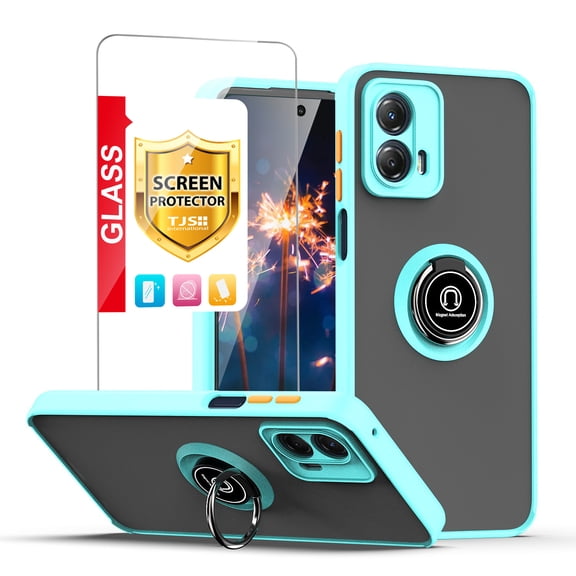 TJS for Motorola Moto G 5G 2023 Phone Case, with Tempered Glass Screen Protector, 360 Degrees Rotating Metal Ring Magnetic Support Kickstand Cover for Moto G 5G 2023 (Light Blue)