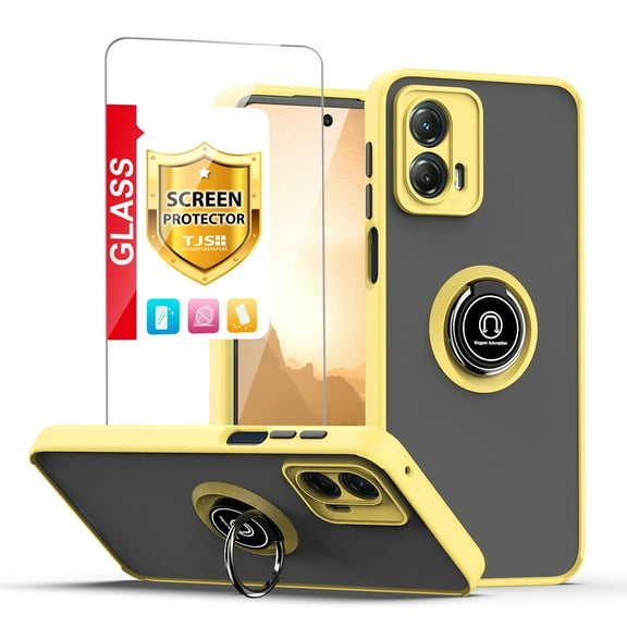 TJS for Motorola Moto G 5G 2023 Phone Case, with Tempered Glass Screen Protector, 360 Degrees Rotating Metal Ring Magnetic Support Kickstand Cover for Moto G 5G 2023 (Yellow)
