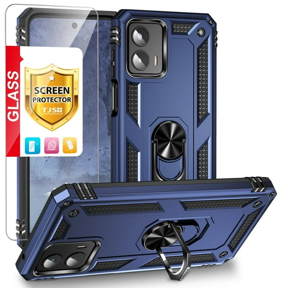 TJS for Motorola Moto G 5G 2023 Phone Case, with Tempered Glass Screen Protector, Impact Resistant Metal Ring Magnetic Support Kickstand Drop Protector Cover for Moto G 5G 2023 (Blue)
