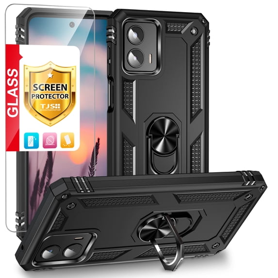 TJS for Motorola Moto G 5G 2023 Phone Case, with Tempered Glass Screen Protector, Impact Resistant Metal Ring Magnetic Support Kickstand Drop Protector Cover for Moto G 5G 2023 (Black)
