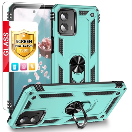 TJS for Motorola Moto G 5G 2023 Phone Case, with Tempered Glass Screen Protector, Impact Resistant Metal Ring Magnetic Support Kickstand Drop Protector Cover for Moto G 5G 2023 (Teal)