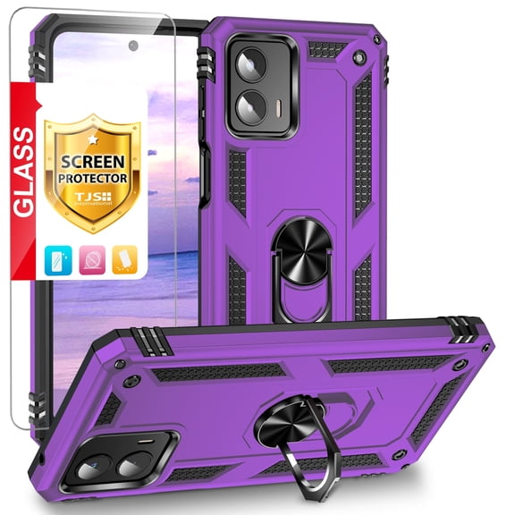 TJS for Motorola Moto G 5G 2023 Phone Case, with Tempered Glass Screen Protector, Impact Resistant Metal Ring Magnetic Support Kickstand Drop Protector Cover for Moto G 5G 2023 (Purple)