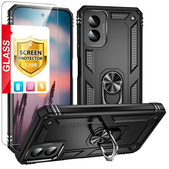 TJS for Motorola Moto G 5G (2024) Phone Case, with Tempered Glass Screen Protector, Impact Resistant Hybrid Metal Ring Magnetic Support Kickstand Cover (Black)