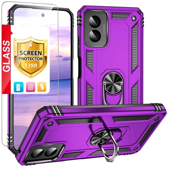 TJS for Motorola Moto G 5G (2024) Phone Case, with Tempered Glass Screen Protector, Impact Resistant Hybrid Metal Ring Magnetic Support Kickstand Cover (Purple)