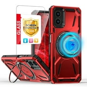TJS for Motorola Moto G 5G 2024 Phone Case, with Tempered Glass Screen Protector, [Military Grade] Metal Circle Ring Magnetic Support Kickstand Drop Protector Cover for Moto G 5G 2024 (Red)