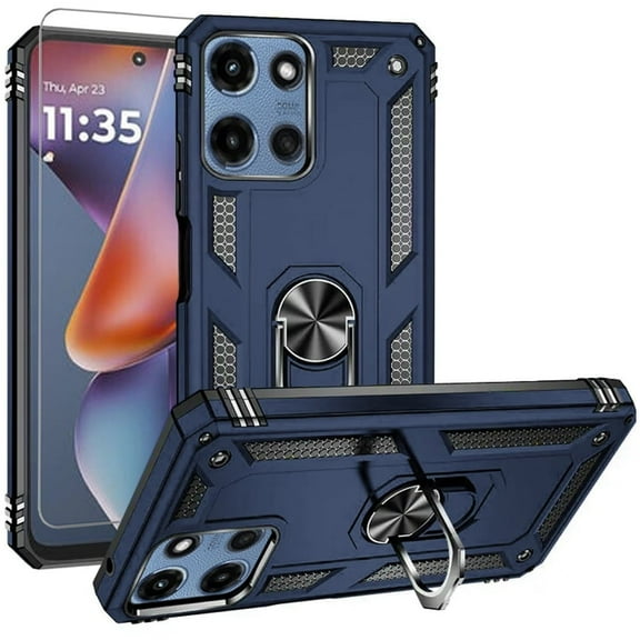TJS for Motorola Moto G 5G 2025 / Moto G 2026 / Moto G Play 2026 Phone Case, with Tempered Glass Screen Protector, Impact Resistant Metal Ring Magnetic Support Kickstand Drop Protector Cover (Blue)