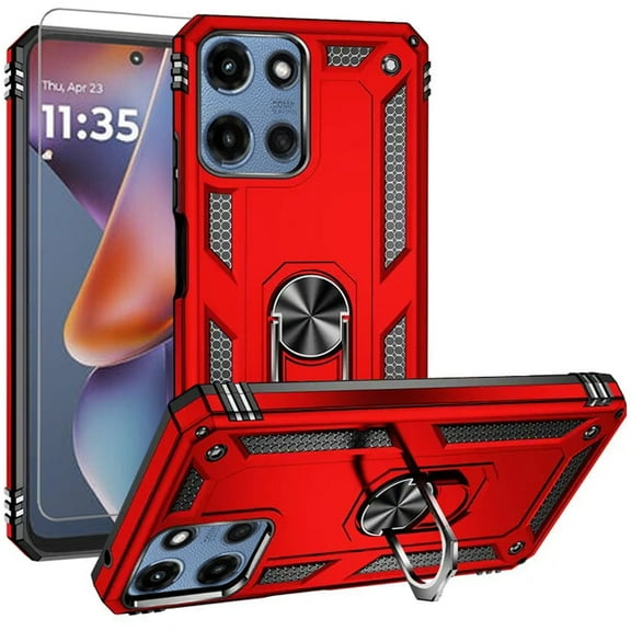 TJS for Motorola Moto G 5G 2025 / Moto G 2026 / Moto G Play 2026 Phone Case, with Tempered Glass Screen Protector, Impact Resistant Metal Ring Magnetic Support Kickstand Drop Protector Cover (Red)
