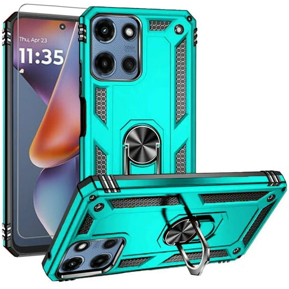 TJS for Motorola Moto G 5G 2025 / Moto G 2026 / Moto G Play 2026 Phone Case, with Tempered Glass Screen Protector, Impact Resistant Metal Ring Magnetic Support Kickstand Drop Protector Cover (Teal)