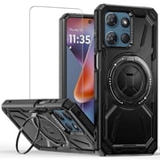 TJS for Motorola Moto G 5G 2025 / Moto G 2026 / Moto G Play 2026 Phone Case, with Tempered Glass Screen Protector, [Military Grade] Metal Ring Magnetic Support Kickstand Drop Protector Cover (Black)