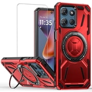 TJS for Motorola Moto G 5G 2025 / Moto G 2026 / Moto G Play 2026 Phone Case, with Tempered Glass Screen Protector, [Military Grade] Metal Ring Magnetic Support Kickstand Drop Protector Cover Red