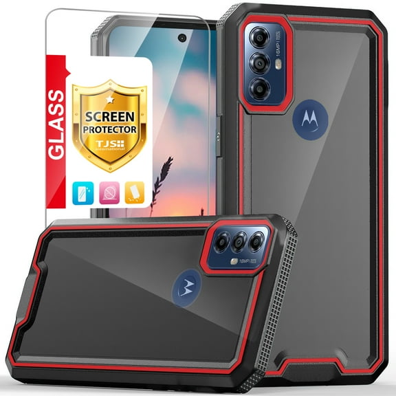 TJS for Motorola Moto G Play 2023 Case, Moto G Pure (2021) / G Power 2022 Case, with Tempered Glass Screen Protector Shockproof Hybrid TPU Bumper Hard PC Back Cover Phone Case (Black)