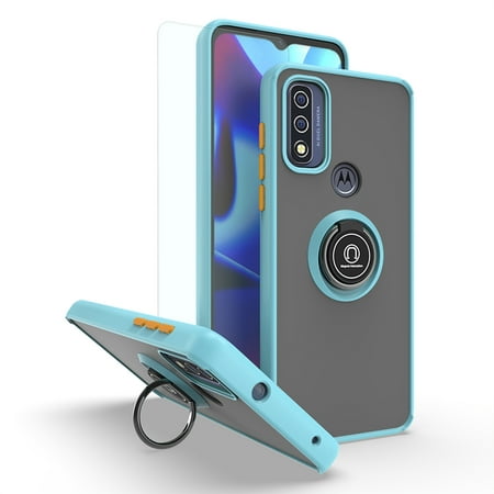 TJS for Motorola Moto G Play 2023 Case, Moto G Pure (2021) / G Power 2022 Case, with Tempered Glass Screen Protector, 360 Degrees Rotating Metal Ring Magnetic Support Kickstand Cover (Light Blue)