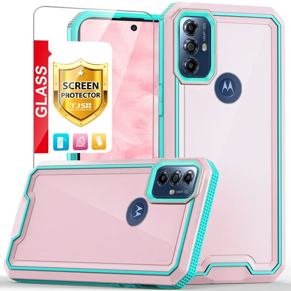 TJS for Motorola Moto G Play 2023 Case, Moto G Pure (2021) / G Power 2022 Case, with Tempered Glass Screen Protector Shockproof Hybrid TPU Bumper Hard PC Back Cover Phone Case (Pink)