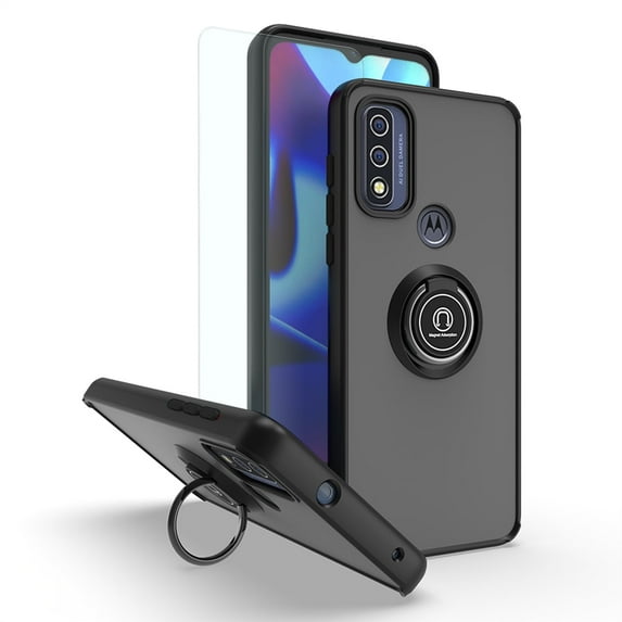 TJS for Motorola Moto G Play 2023/Moto G Pure 2021/Moto G Power 2022 Phone Case, with Tempered Glass Screen Protector, 360 Degrees Rotating Metal Ring Magnetic Support Kickstand Cover (Black)