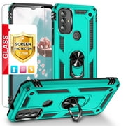 TJS for Motorola Moto G Play 2023 Phone Case, with Tempered Glass Screen Protector, Impact Resistant Metal Ring Magnetic Support Kickstand Drop Protector Cover for Moto G Play 2023 (Teal)