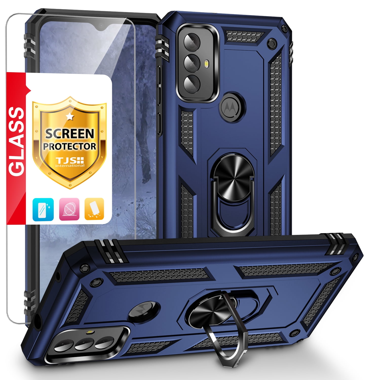 TJS for Motorola Moto G Play 2023 Phone Case, with Tempered Glass Screen Protector, Impact Resistant Metal Ring Magnetic Support Kickstand Drop Protector Cover for Moto G Play 2023 (Blue)