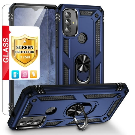 TJS for Motorola Moto G Play 2023/Moto G Power 2022/Moto G Pure 2021 Phone Case, with Tempered Glass Screen Protector, Impact Resistant Metal Ring Magnetic Support Kickstand Cover (Blue)