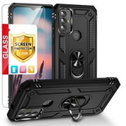 TJS for Motorola Moto G Play 2023/Moto G Power 2022/Moto G Pure 2021 Phone Case, with Tempered Glass Screen Protector, Impact Resistant Metal Ring Magnetic Support Kickstand Cover (Black)