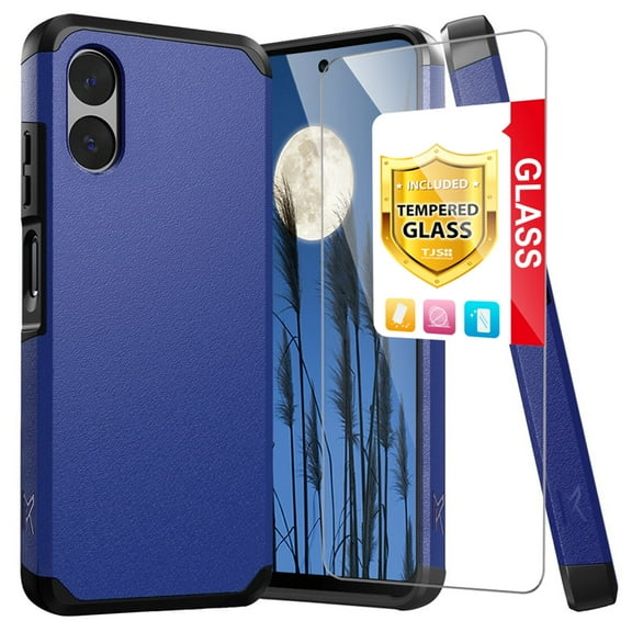 TJS for Motorola Moto G Play 4G (2024) Phone Case, with Tempered Glass Screen Protector, Dual Layer Hybrid Magnetic Support Shockproof Heavy Duty Cover (Blue)