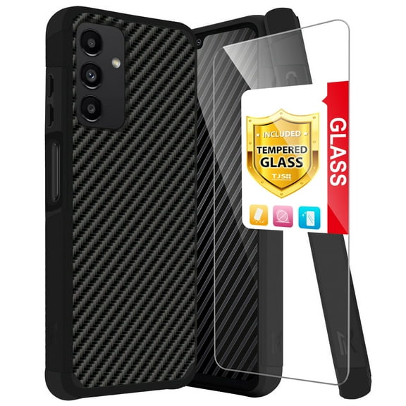 TJS for Motorola Moto G Play 4G (2024) Phone Case, with Tempered Glass Screen Protector, Dual Layer Hybrid Magnetic Support Shockproof Heavy Duty Cover for Moto G Play 4G (2024) (Carbon Fiber Image)