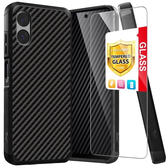 TJS for Motorola Moto G Play 4G (2024) Phone Case, with Tempered Glass Screen Protector, Dual Layer Hybrid Magnetic Support Shockproof Heavy Duty Cover (Carbon Fiber Image)