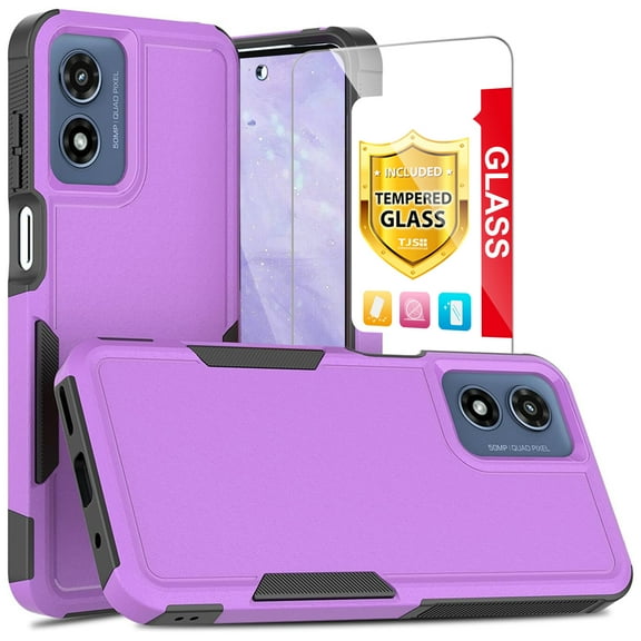 TJS for Motorola Moto G Play 4G (2024) Phone Case, with Tempered Glass Screen Protector, Heavy Duty Rugged Shockproof Full Body Protection Cover for Moto G Play 4G (2024) (Purple)