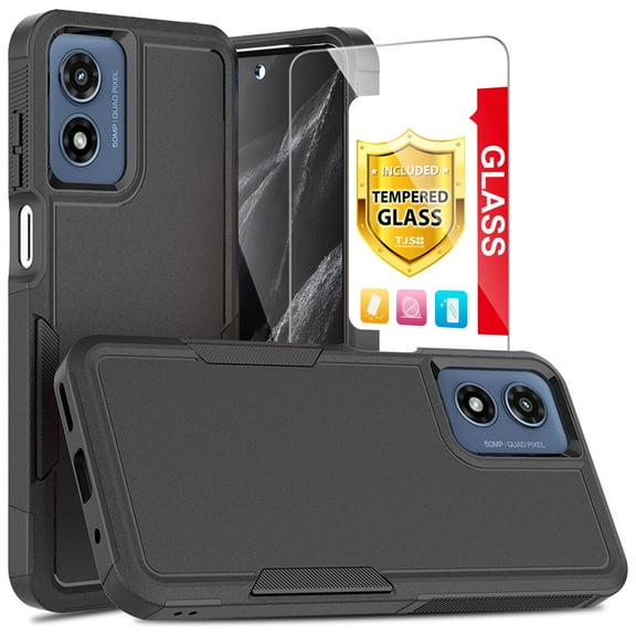 TJS for Motorola Moto G Play 4G (2024) Phone Case, with Tempered Glass Screen Protector, Heavy Duty Rugged Shockproof Full Body Protection Cover for Moto G Play 4G (2024) (Black)