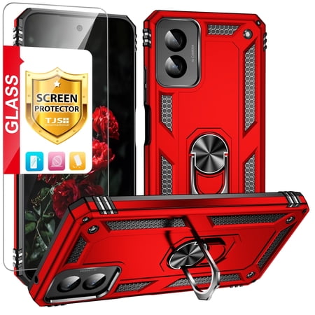 TJS for Motorola Moto G Play 4G (2024) Phone Case, with Tempered Glass Screen Protector, Impact Resistant Hybrid Metal Ring Magnetic Support Kickstand Cover for Moto G Play 4G (2024) (Red)