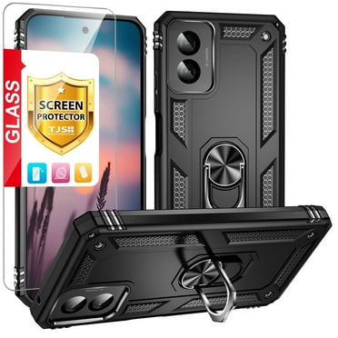 TJS for Motorola Moto G Play 4G (2024) Phone Case, with Tempered Glass Screen Protector, Impact Resistant Hybrid Metal Ring Magnetic Support Kickstand Cover for Moto G Play 4G (2024) (Black)