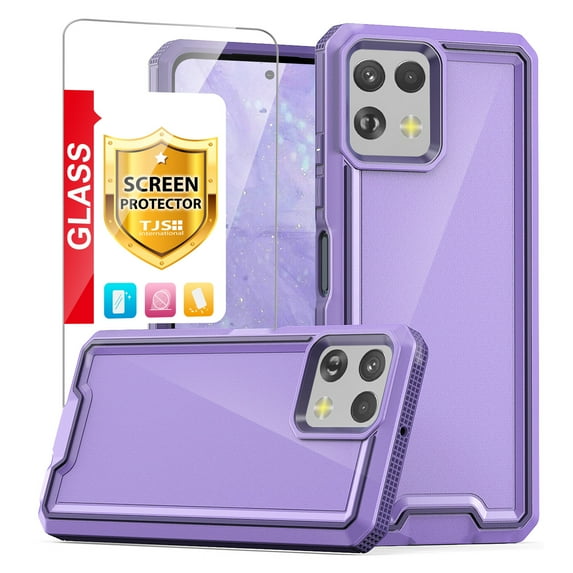 TJS for Motorola Moto G Power 2023 Phone Case, with Tempered Glass Screen Protector, Dual Layer Shockproof Rugged Hybrid Drop Protector Cover for Moto G Power 2023 (Purple)